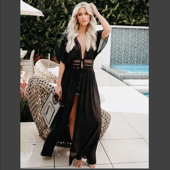 Sexy Black Lace Trim V-neckline With Double Tie Lace Trim Waist - Picture 1 of 5